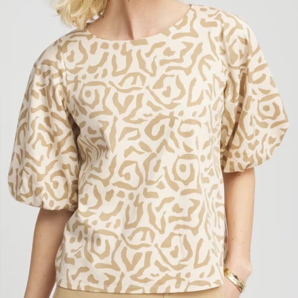 CHICO'S Animal Print Bubble Sleeve Top Tan Cream SZ S Cotton